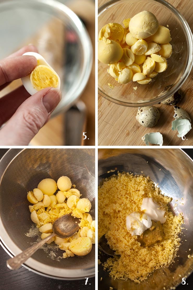 A collage of 4 numbered images showing how to remove yokes from quail eggs.