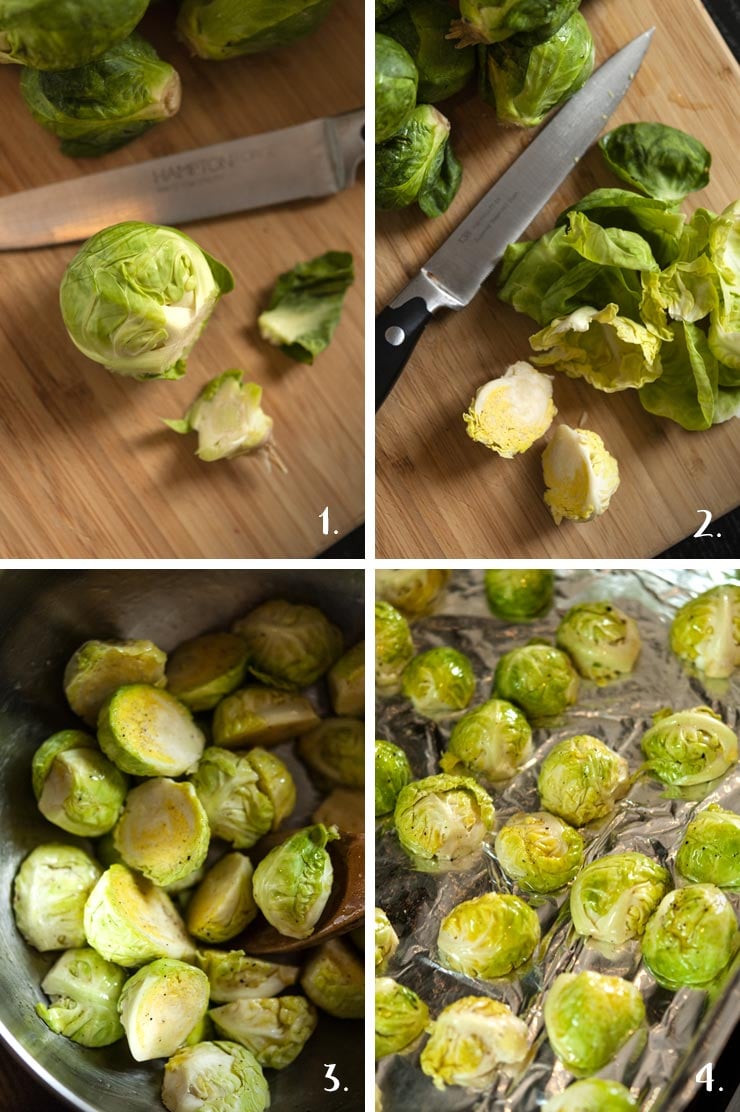 A collage of 4 numbered images showing chopping Brussels sprouts and placing them on a baking sheet.
