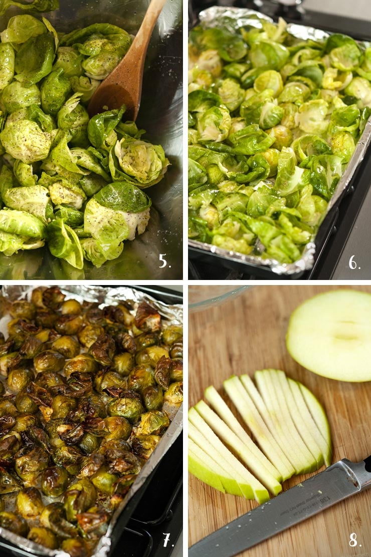 A collage of 4 numbered images showing roasting Brussels sprouts and slicing apple.