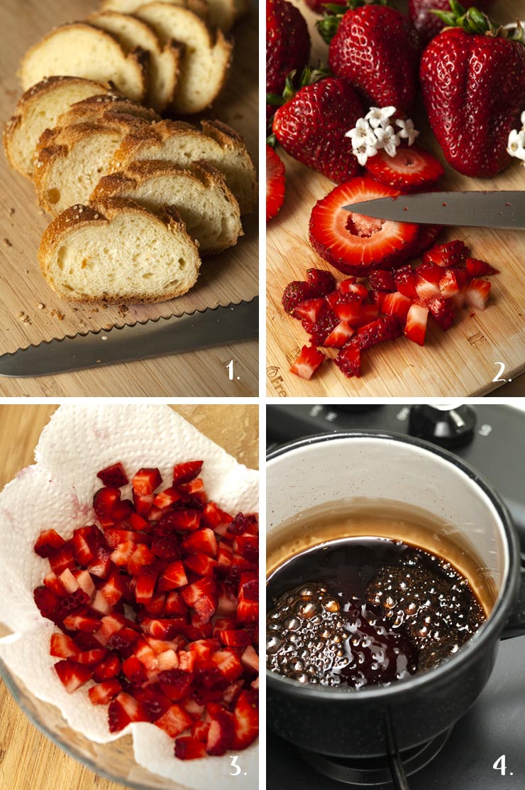 A collage of 4 numbered images showing how to make crostini with balsamic strawberries and ricotta.