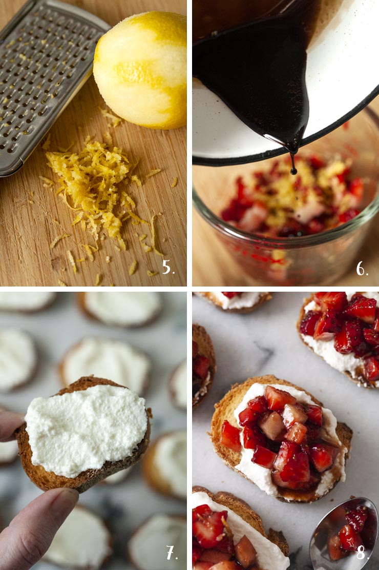 A collage of 4 numbered images showing how to assemble crostini with balsamic strawberries and ricotta.