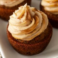 A closeup of a cupcake on a plate.