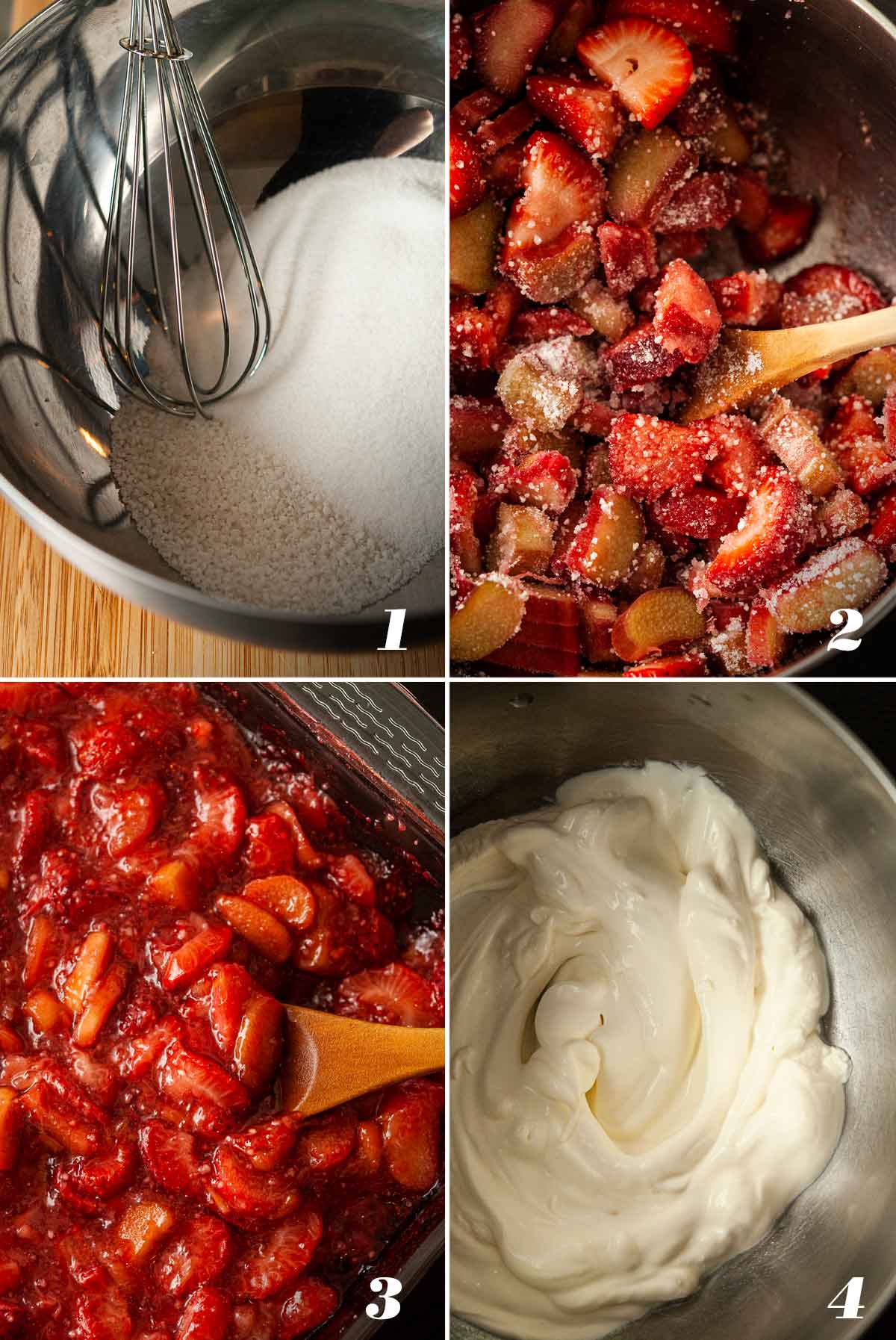A collage of 4 numbered images showing how to make strawberry-rhubarb and whipped cream.