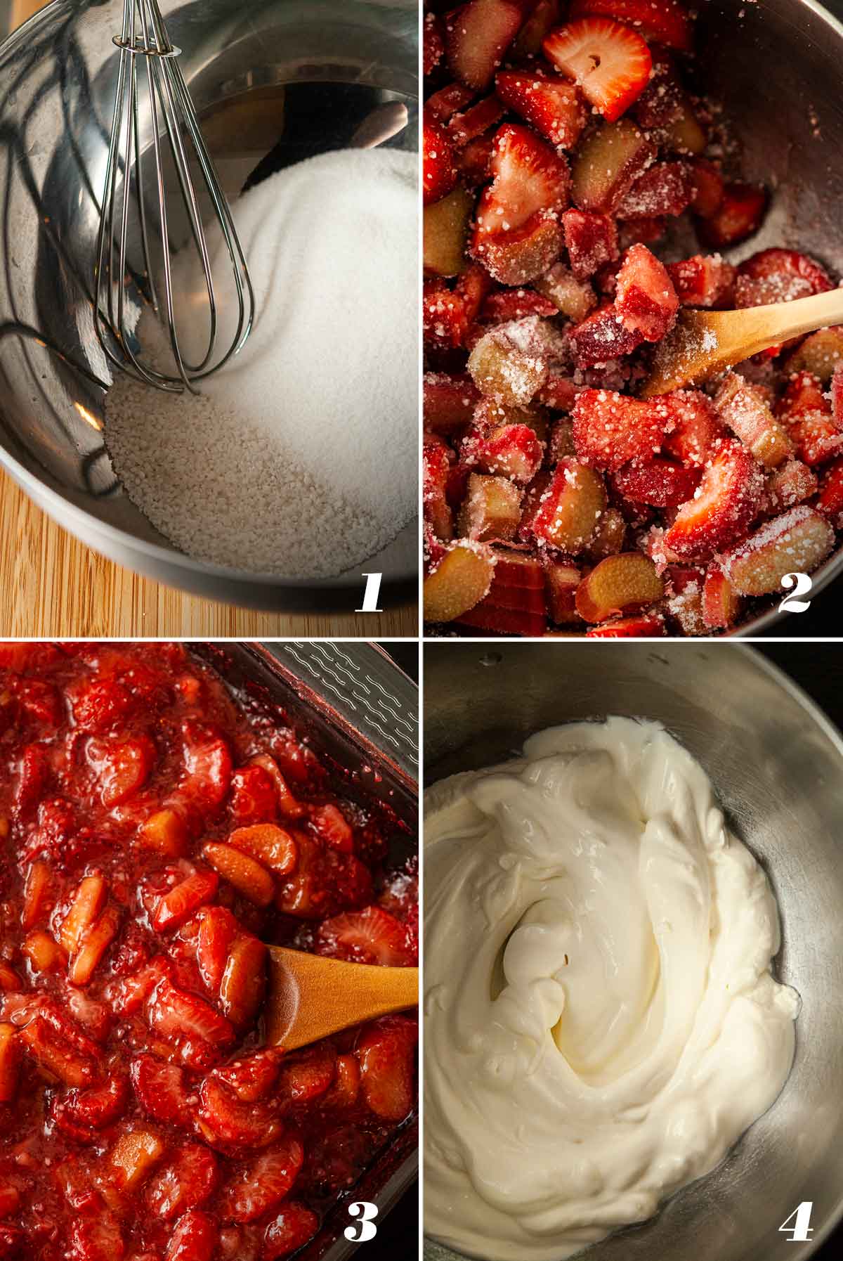 A collage of 4 numbered images showing how to make strawberry-rhubarb and whipped cream.