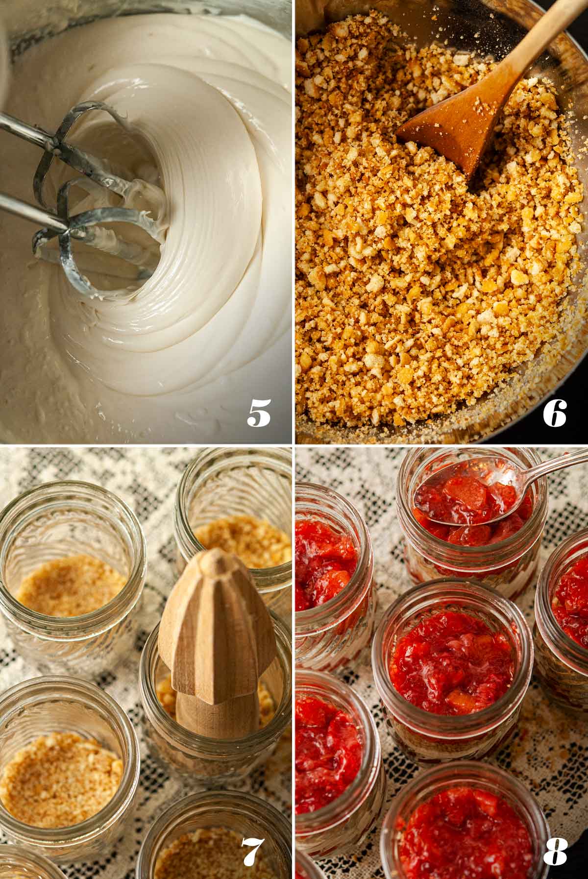 A collage of 4 numbered images showing how to fill cups with ingredients.
