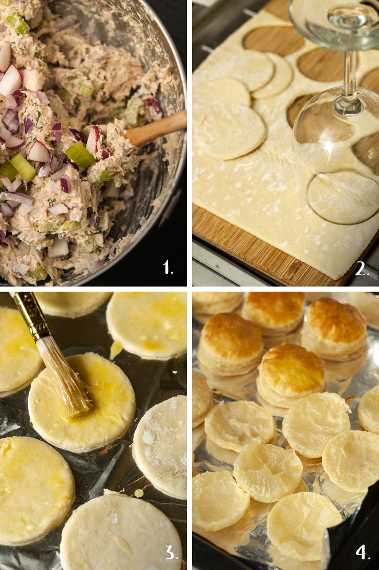 A collage of 4 numbered images showing how to make chicken salad sliders.