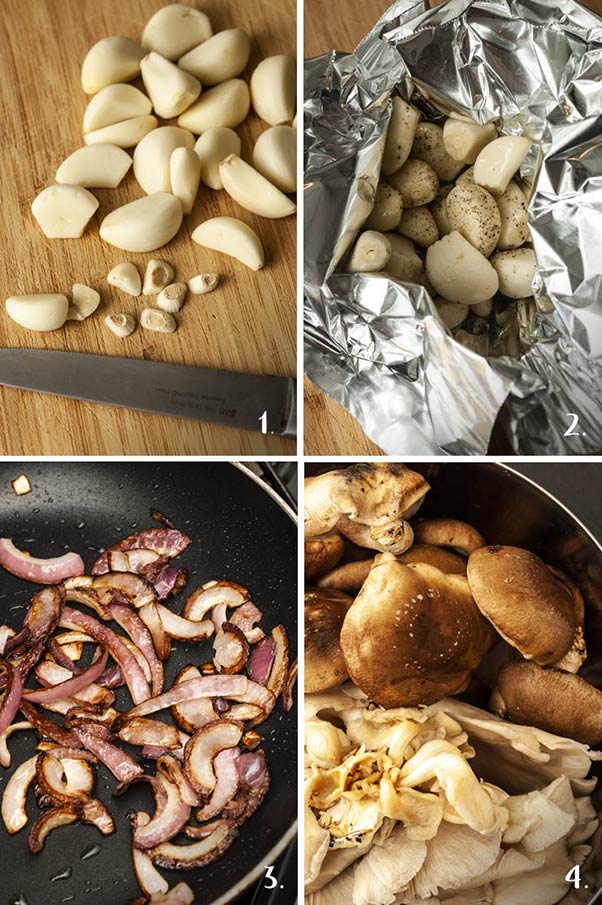 A collage of 4 numbered images showing how to prepare garlic, sauté onions and mushrooms.