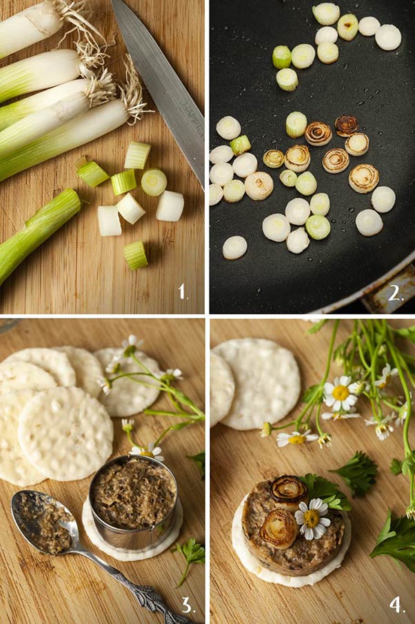 A collage of 4 numbered images showing how to slice, cook scallions and assemble pate canapés