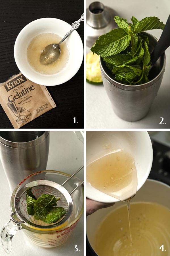 A collage of 4 numbered images showing how to make mojito jello.