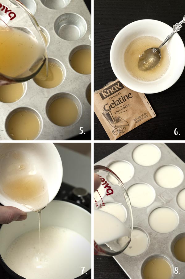 A collage of 4 numbered images showing how to pour and set mojito jello.