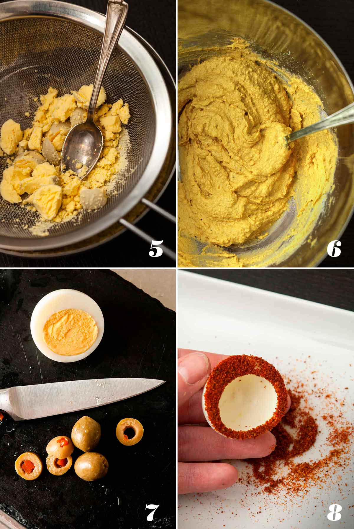 A collage of 4 numbered images showing how to mix egg filling and spice rims.