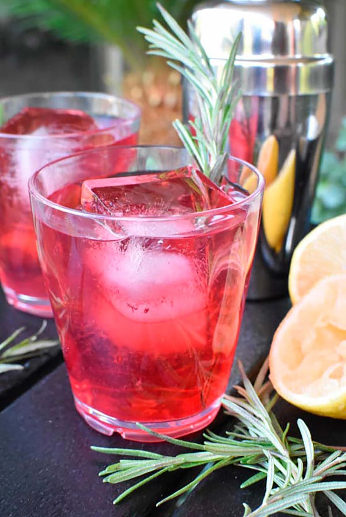 A cranberry cocktail garnished with rosemary.