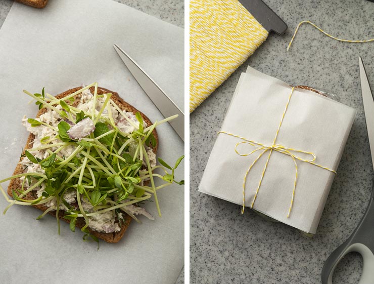 2 images. On the left, showing a sandwich with sprouts on paper, on the right, a sandwich wrapped in paper, tied with string.