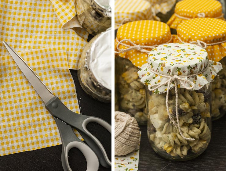 2 images. On the left, showing cut fabric squares, on the right, showing pasta salads in jars with fabric tops.