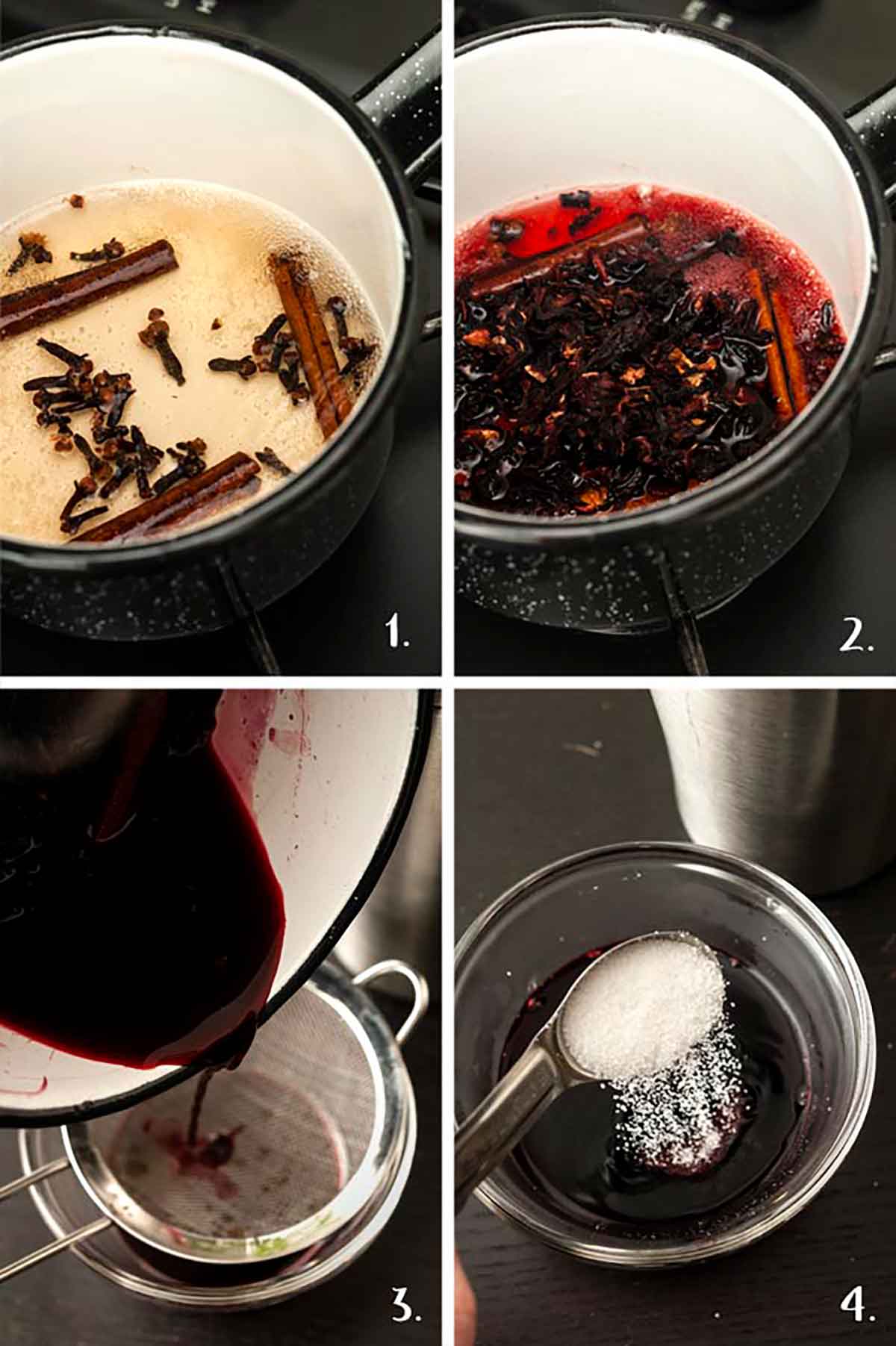 A collage of 4 numbered images showing how to make spiced hibiscus syrup.