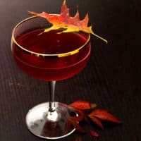 A red cocktail garnished with a colorful, autumn leaf on a dark wood table.