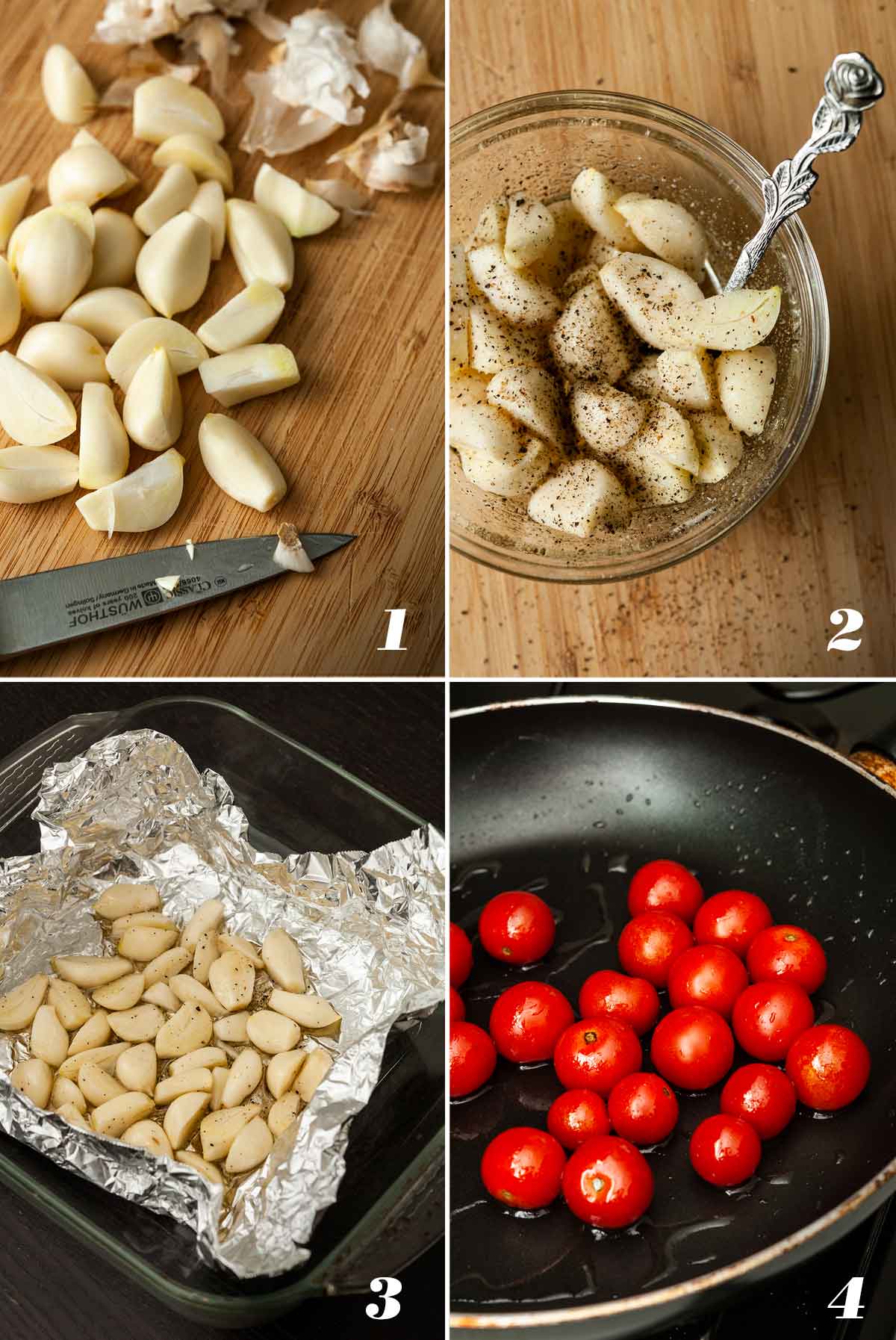 A collage of 4 numbered images showing how to prepare garlic and sauté tomatoes for bruschetta. 