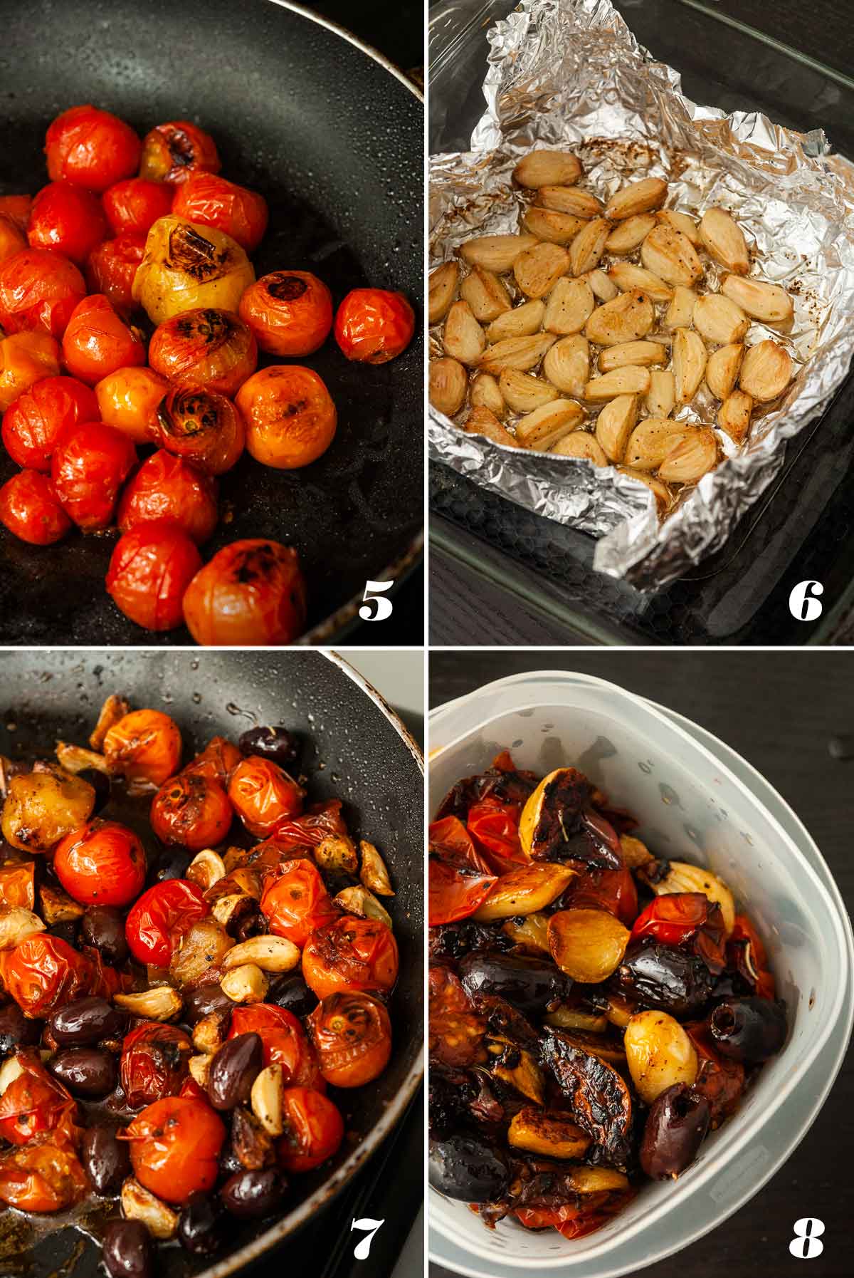 A collage of 4 numbered images showing how to make tomato bruschetta topping.
