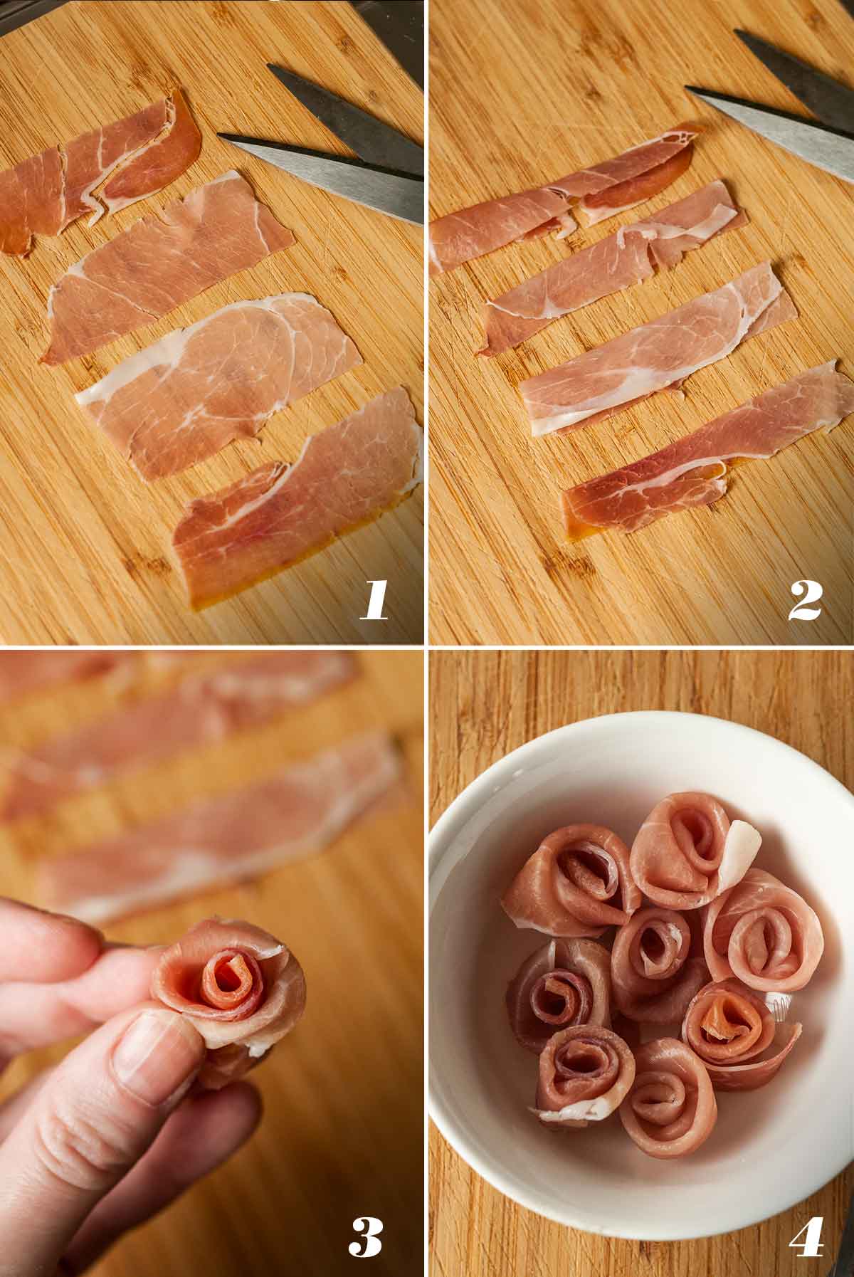 A collage of 4 numbered images showing how to make a prosciutto roses.