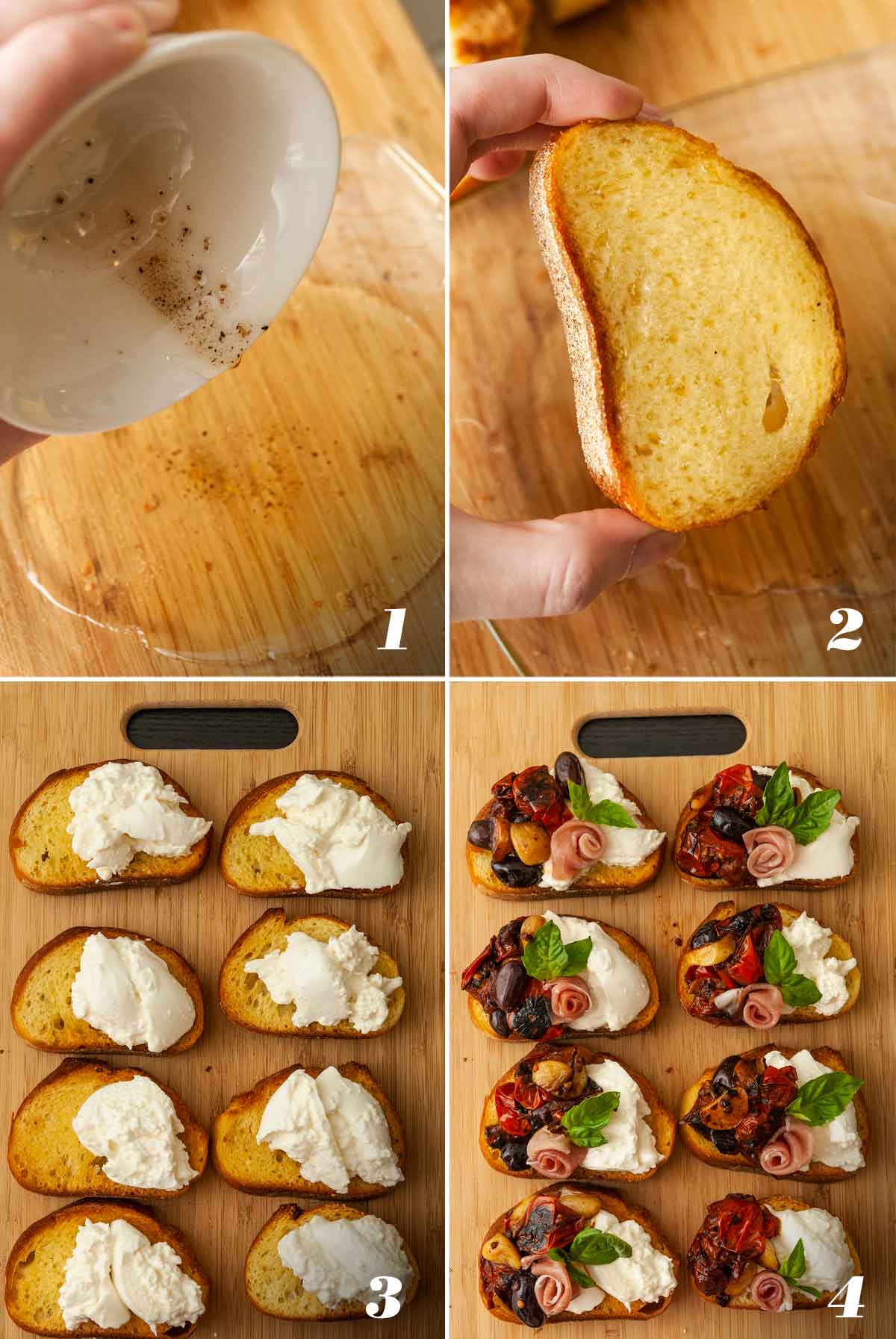 A collage of 4 numbered images showing how to assemble bruschetta.