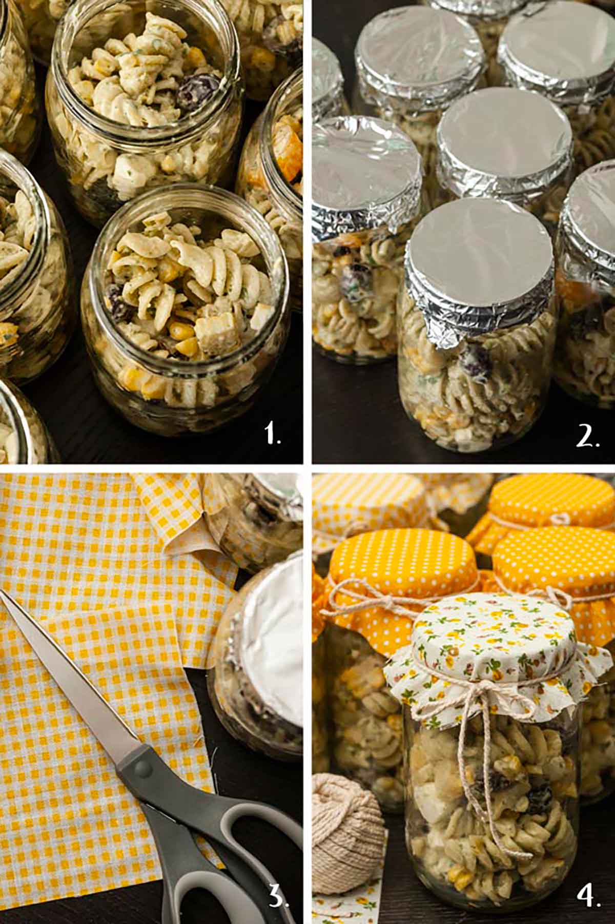 A collage of 4 images showing how to create fabric tops for bell jars full of pasta salad.