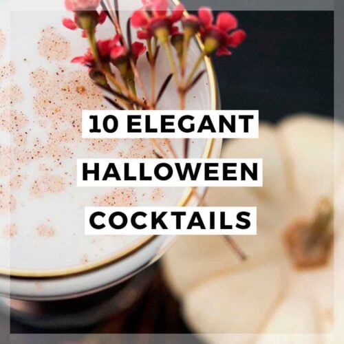 A garnished cocktail with a title that says "10 Elegant Halloween Cocktails."
