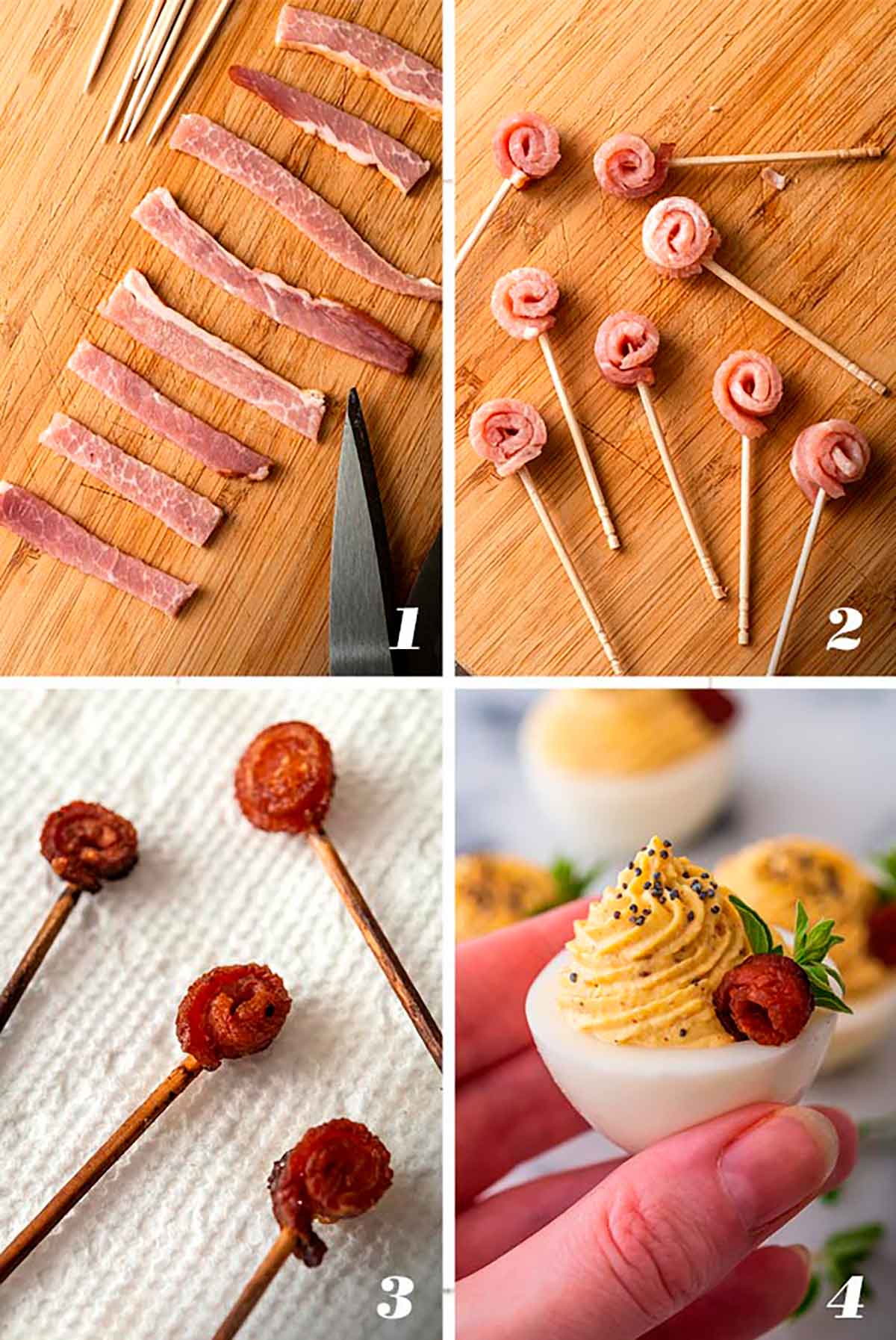 A collage of 4 numbered images showing how to make small bacon roses for deviled eggs.