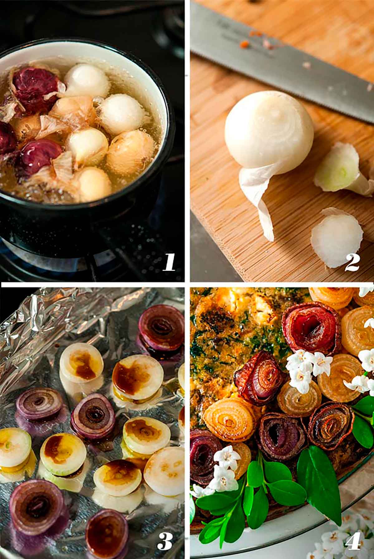 A collage of 4 numbered images showing how to make pearl onion roses.