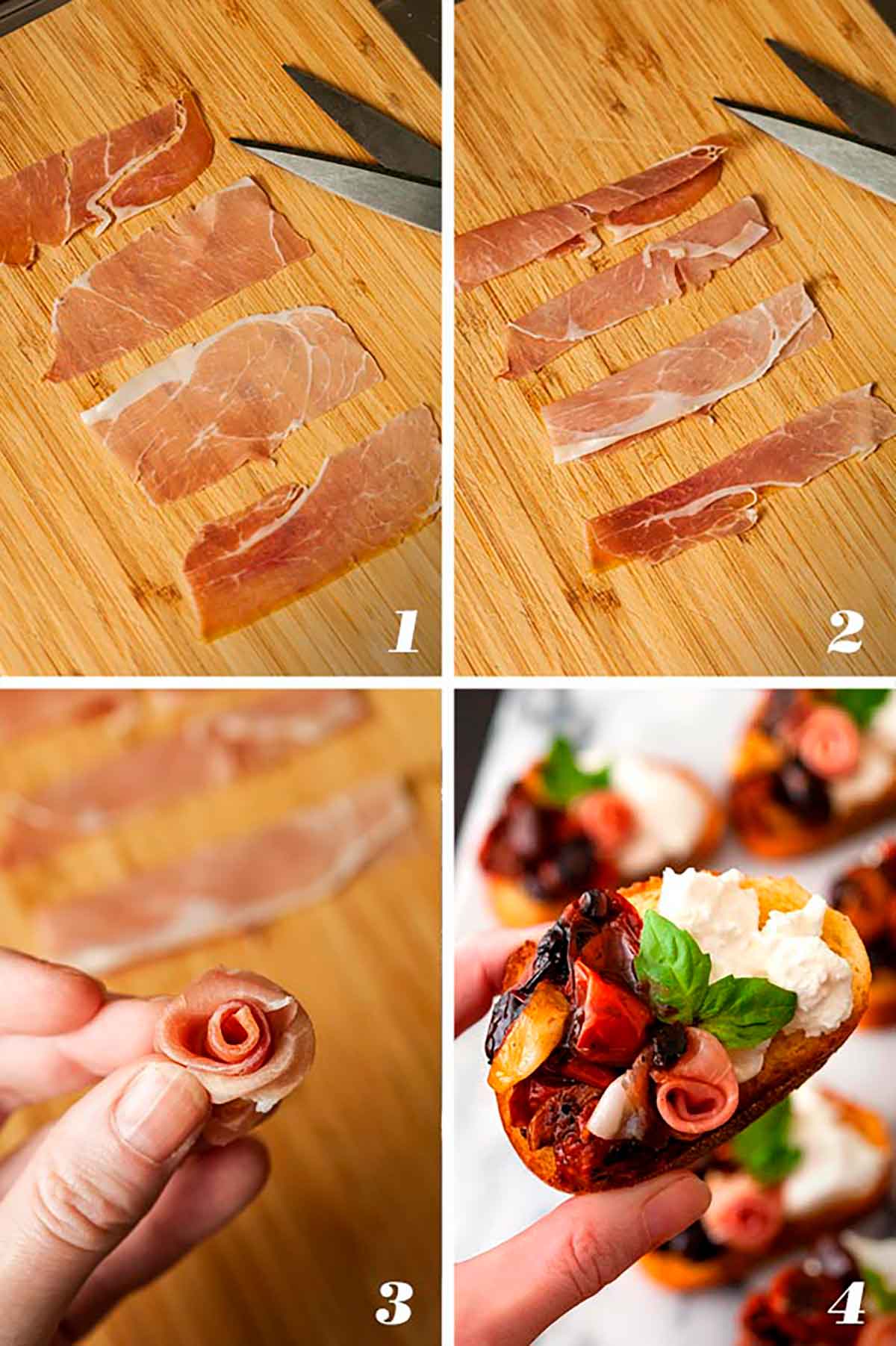 A collage of 4 numbered images showing how to make a prosciutto rose.