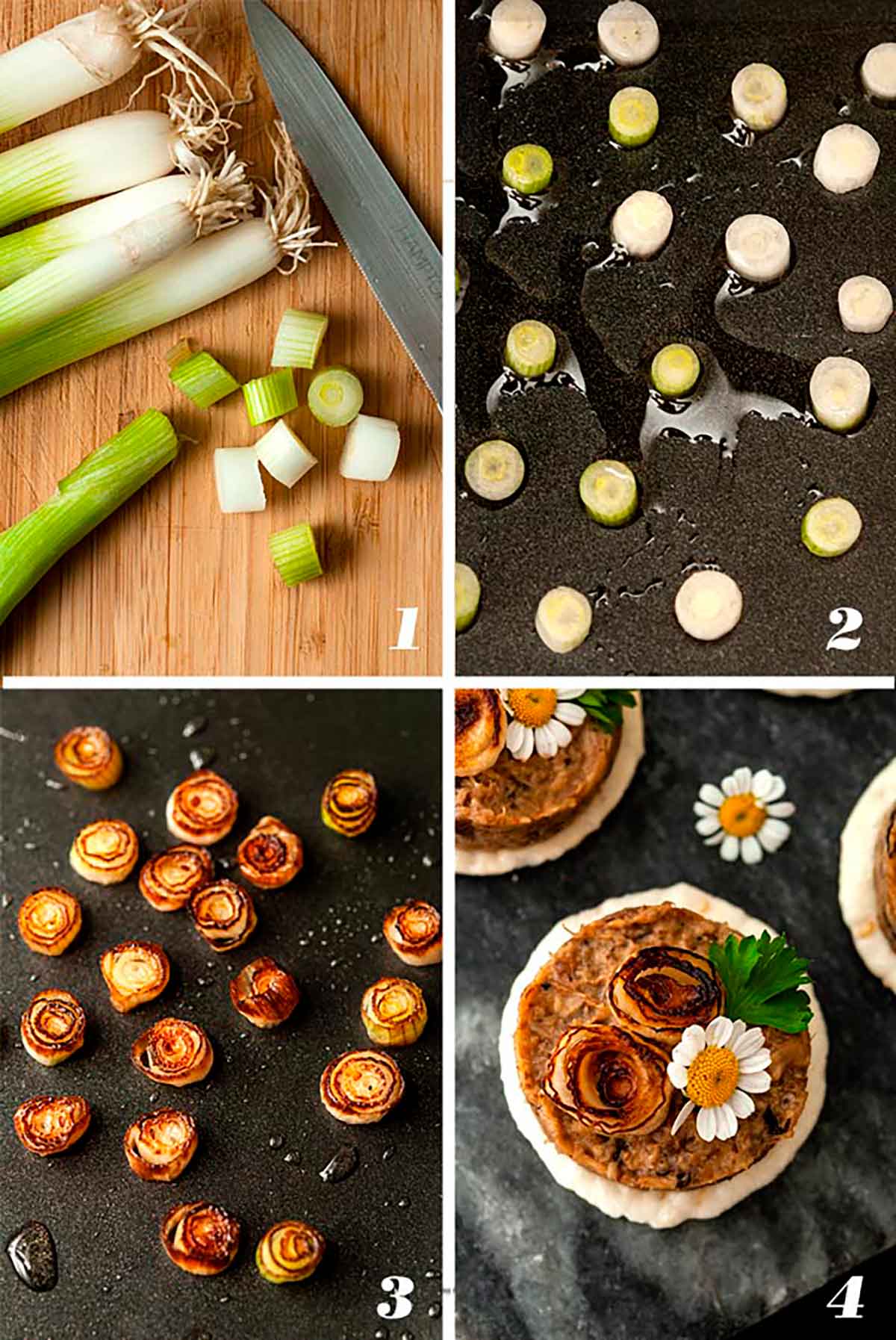 A collage of 4 numbered images showing how to make scallion roses.