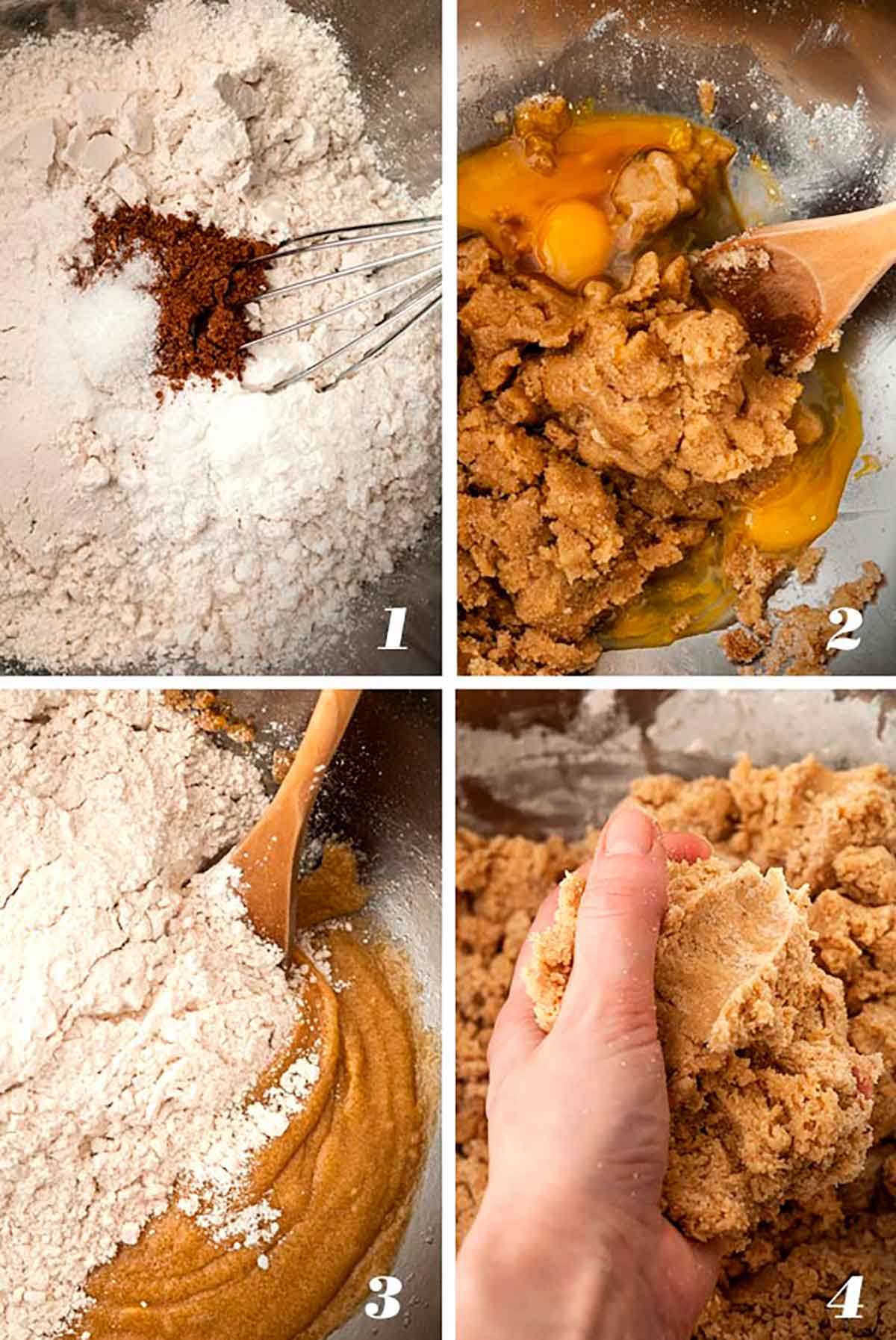 A collage of 4 numbered images showing how to make pumpkin spice snickerdoodle batter.