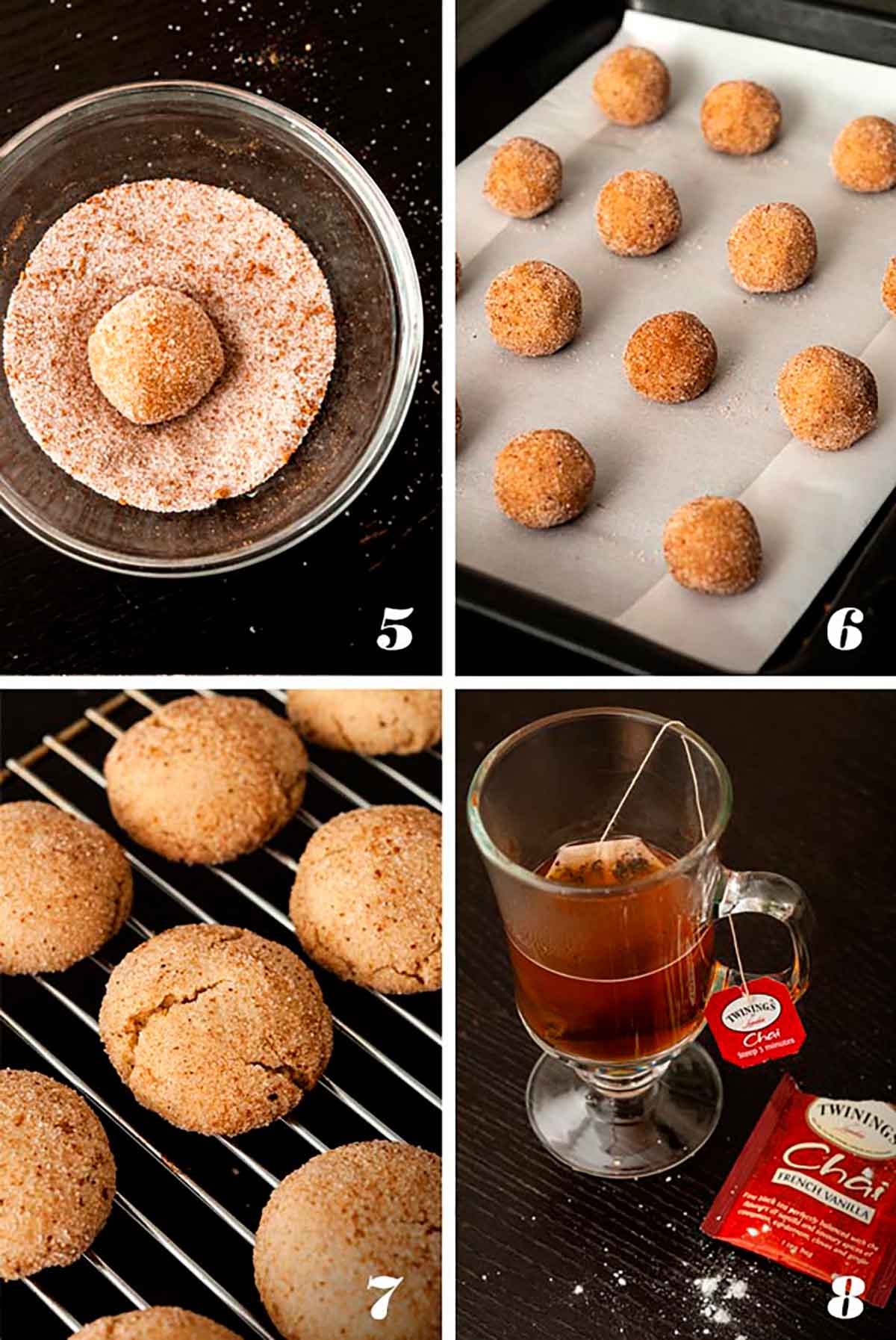 A collage of 4 numbered images showing how to make pumpkin spice snickerdoodles.