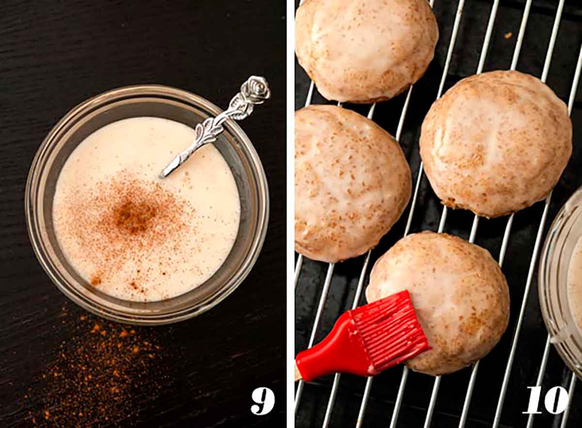 2 numbered images showing how to glaze pumpkin spice snickerdoodles.