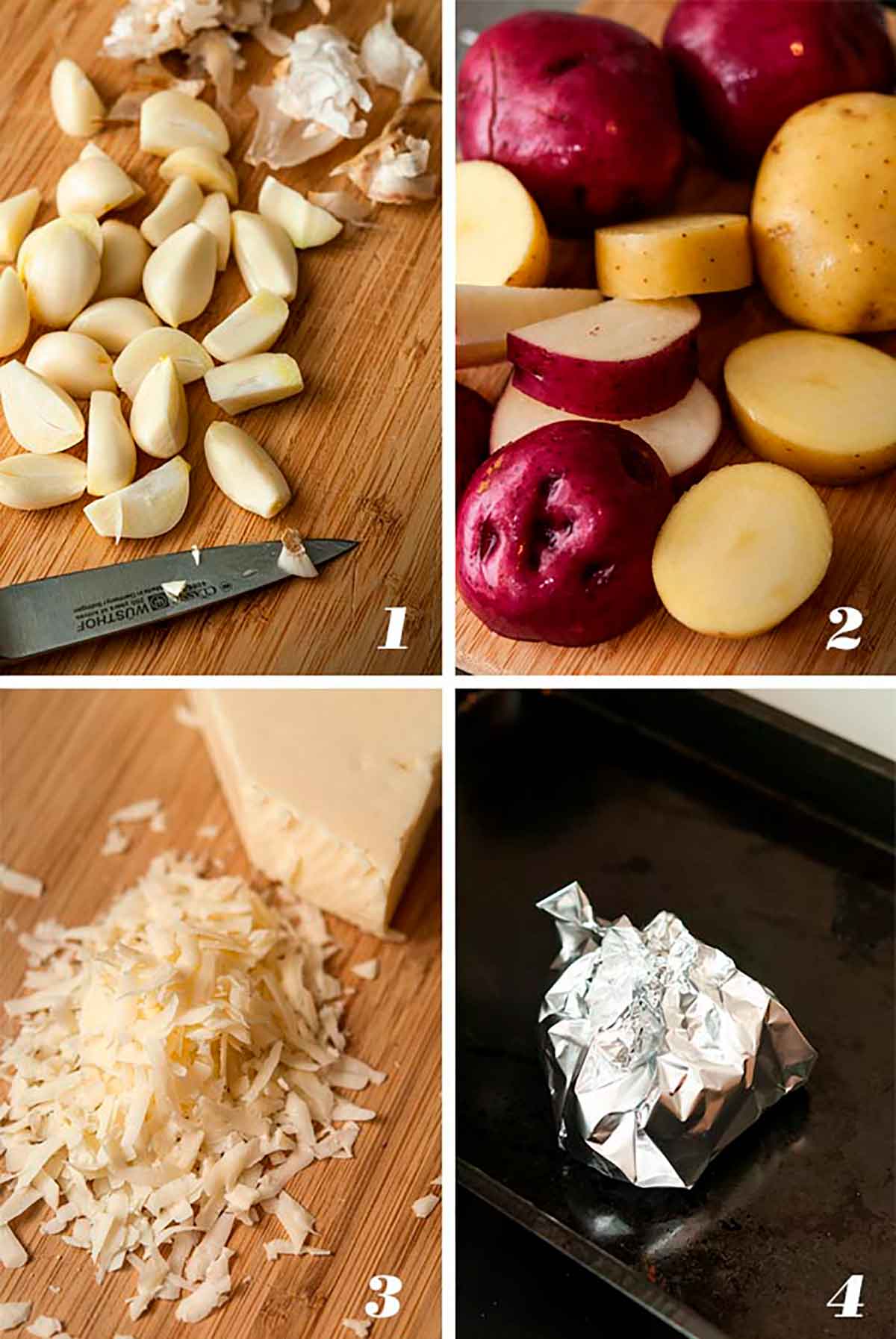 A collage of 4 numbered images showing how to make baked mashed potatoes.