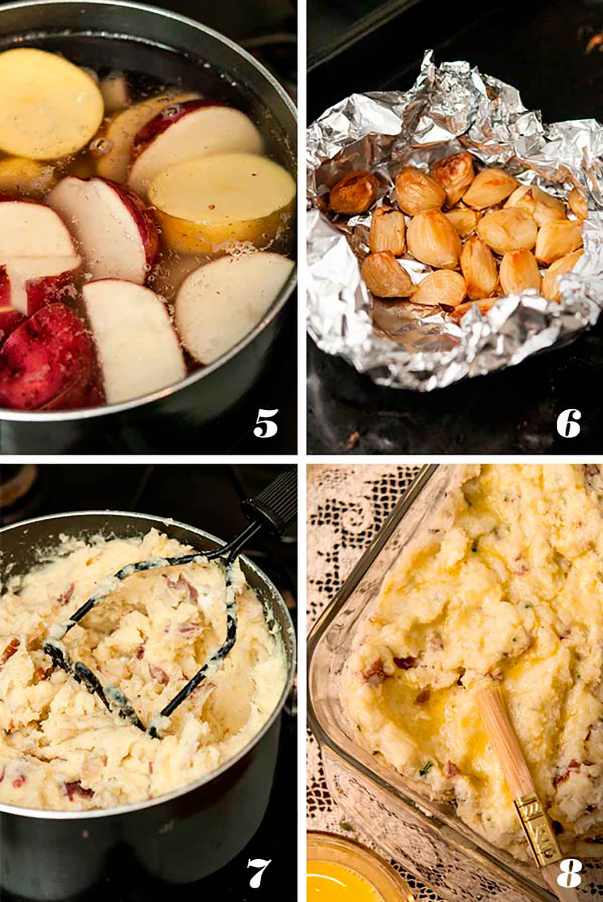 A collage of 4 numbered images showing how to make baked mashed potatoes.