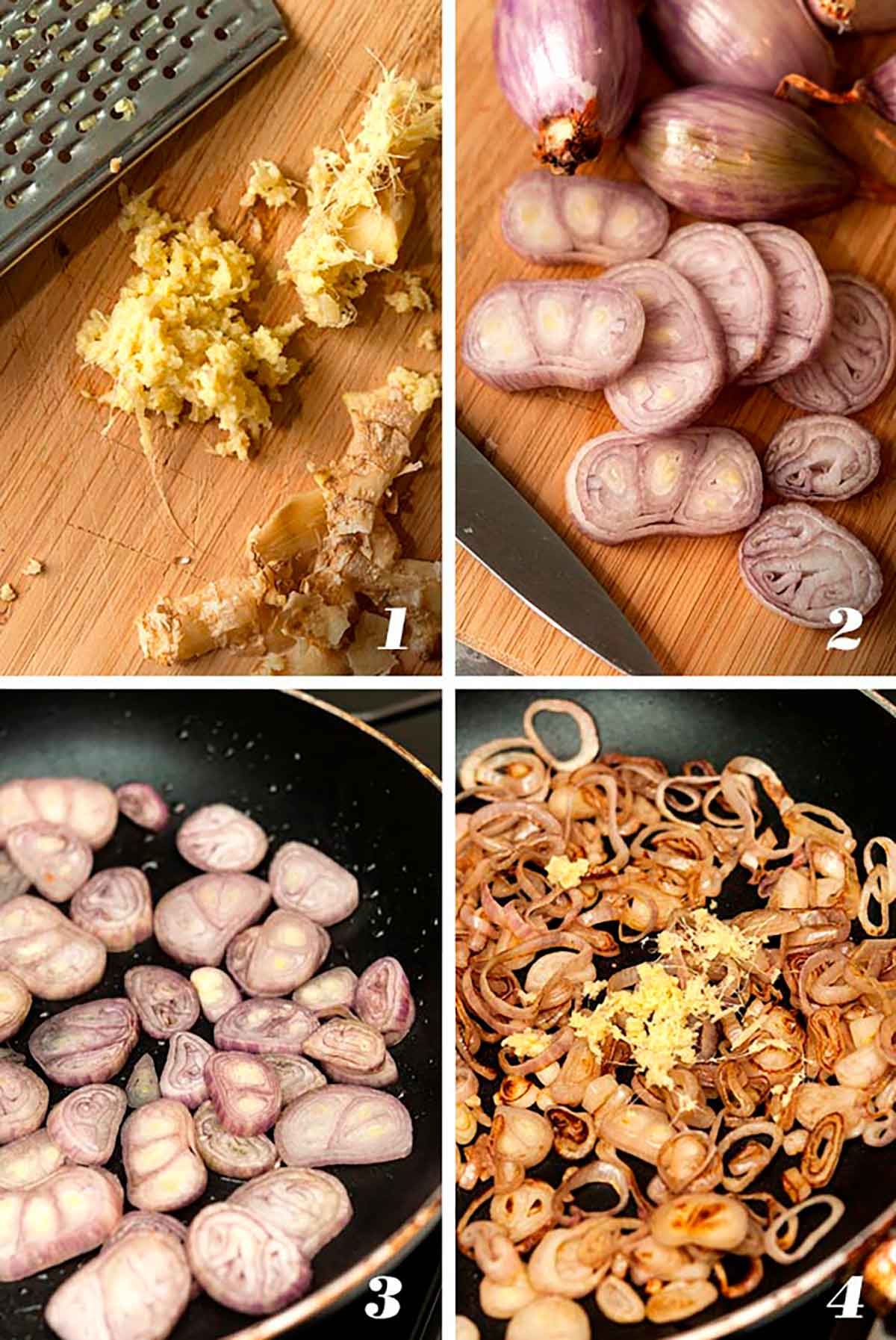 A collage of 4 numbered images showing how to slice shallots and sauté them.