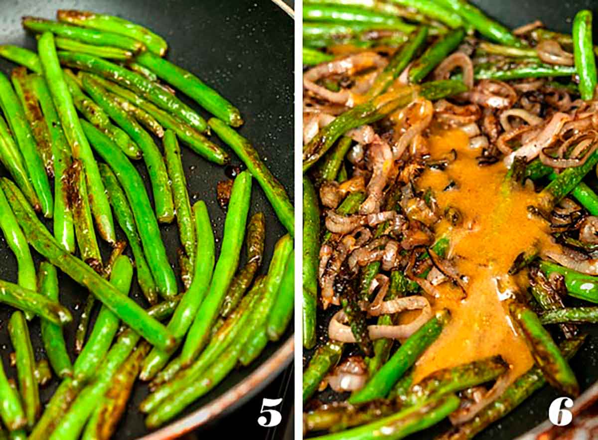 2 numbered images showing how to sauté beans and shallots.