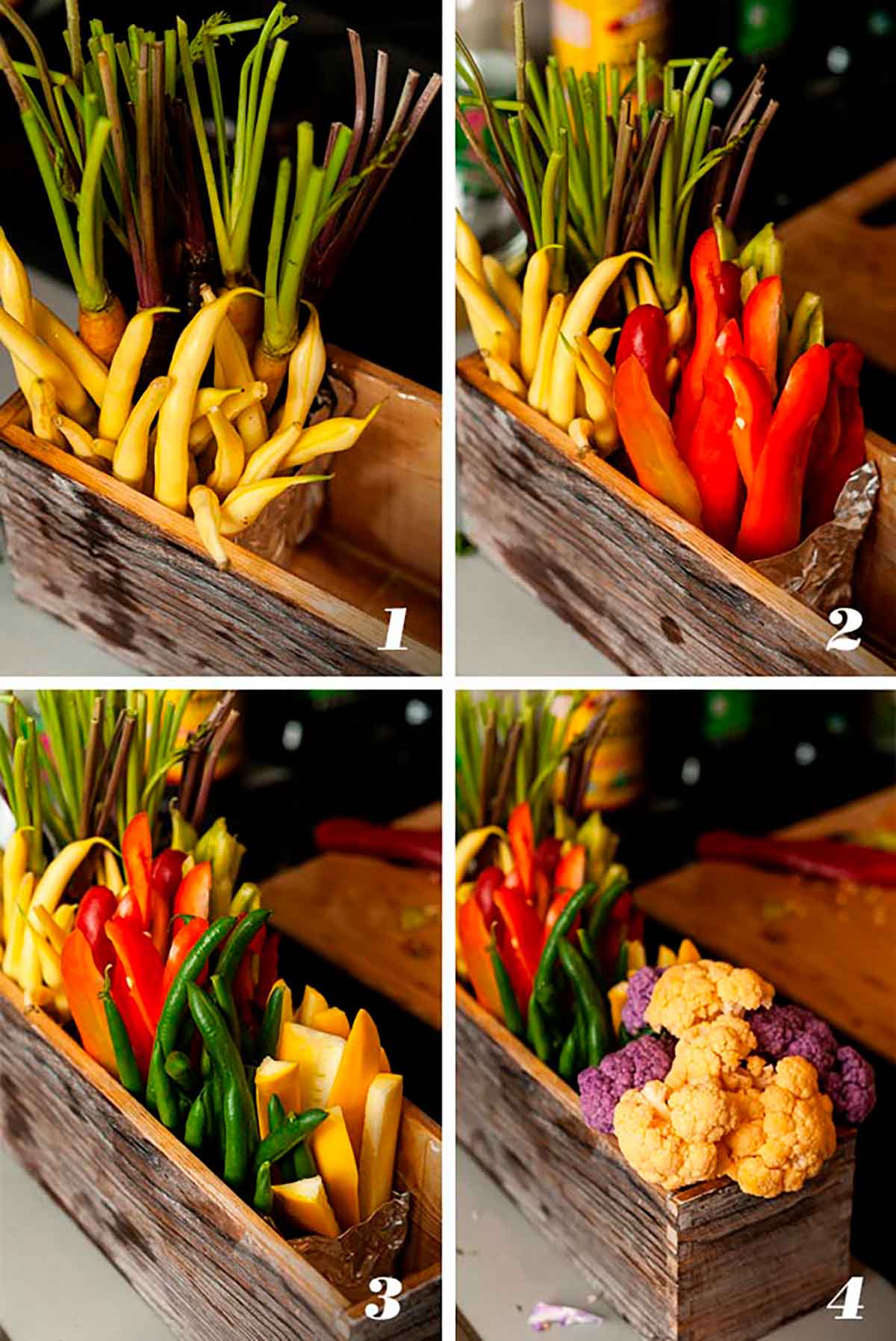 A collage of 4 numbered images showing how to make a flower-box crudités.