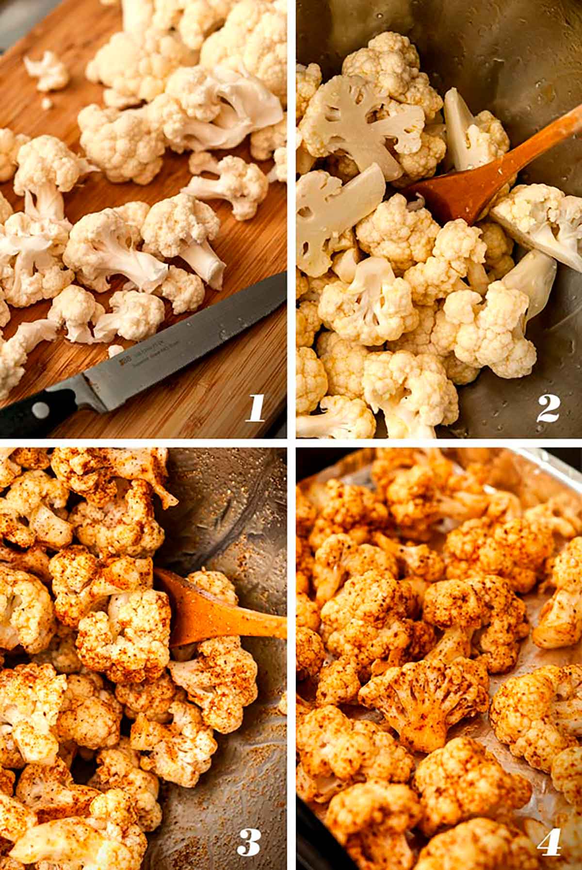 A collage of 4 numbered images showing how to make roasted cauliflower with cheese.