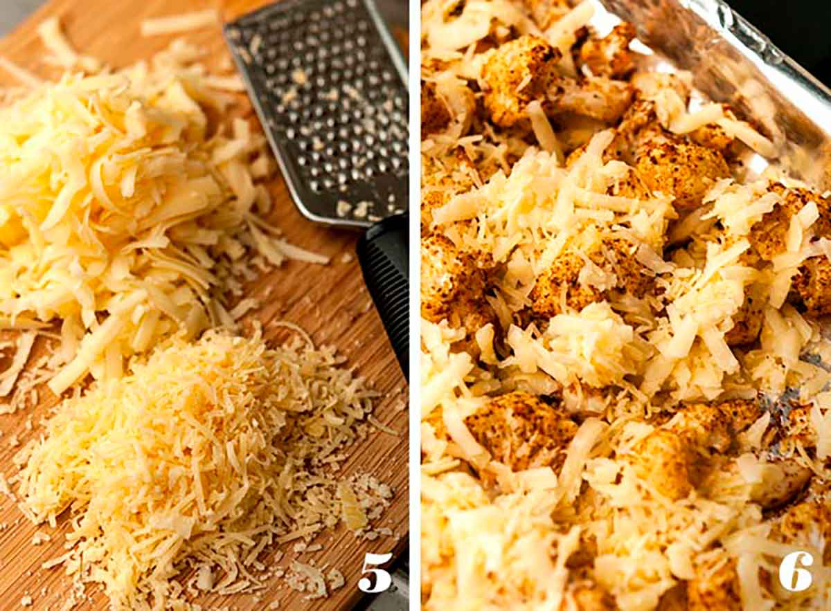 2 numbered images showing how to make roasted cauliflower with cheese.