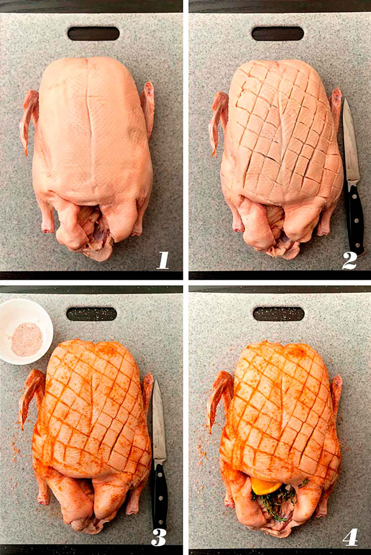A collage of 4 numbered images showing how to prep duck for roasting.