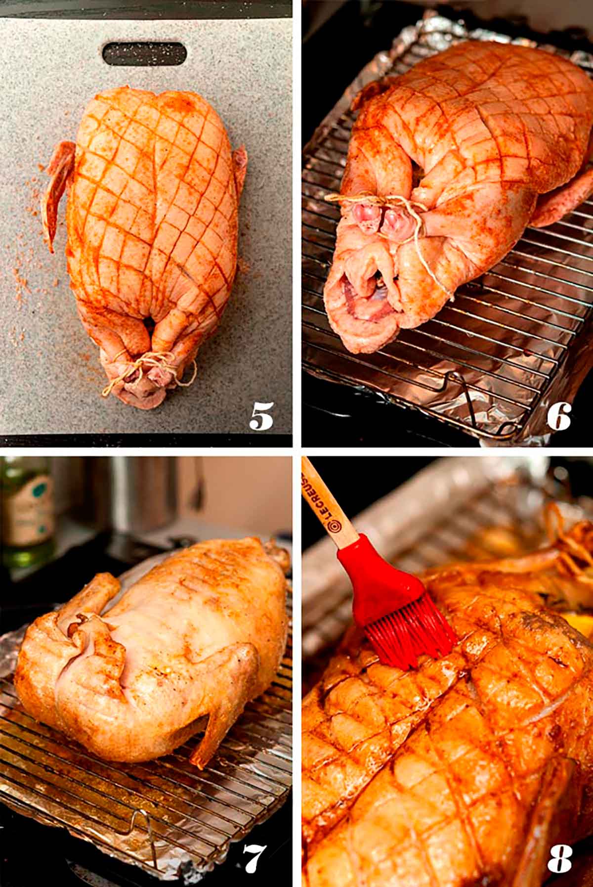 A collage of 4 numbered images showing how to roast duck.