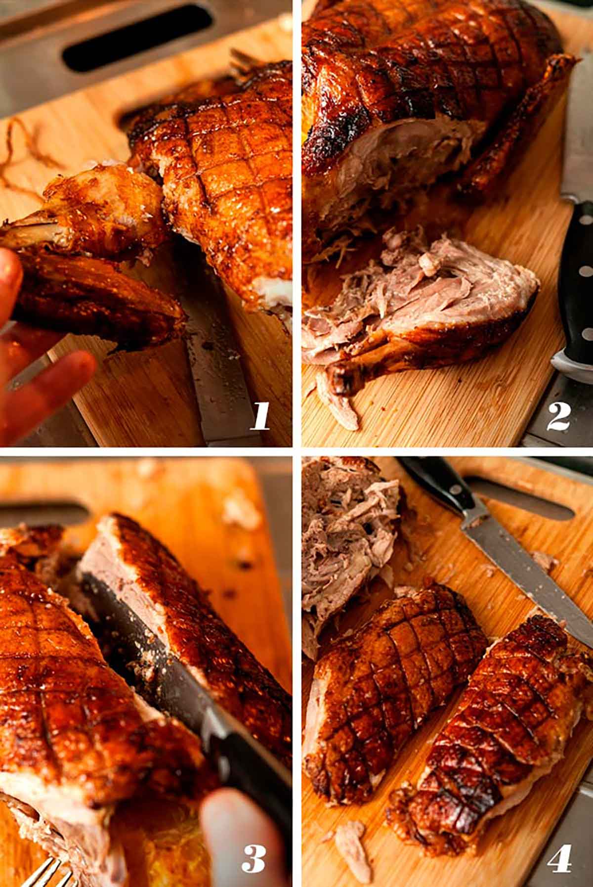 A collage of 4 numbered images showing how to slice duck meat.