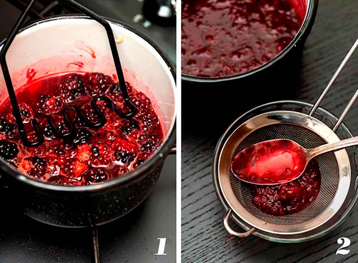 2 numbered images showing how to make blackberry sauce.