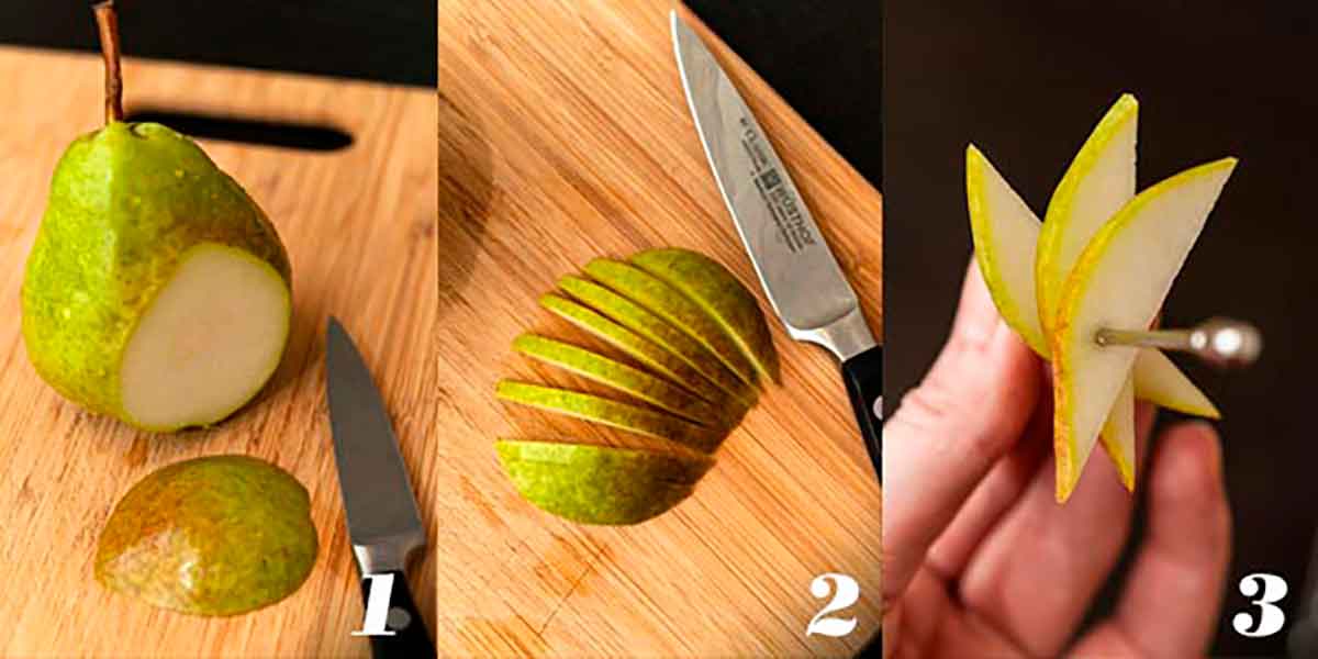 A collage of 3 numbered images showing how to make a pear garnish.