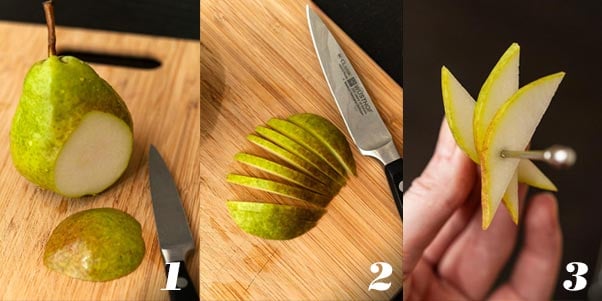 A step by step process showing how to make a pear garnish.