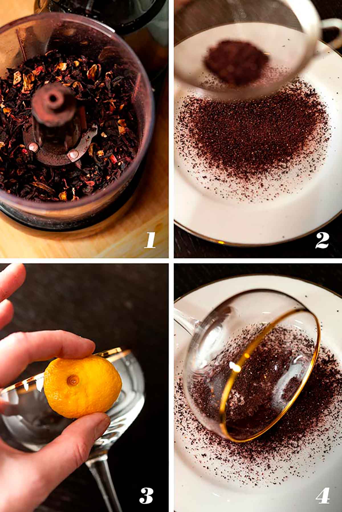 A collage of 4 numbered images showing how to garnish a cocktail glass with sugar and powdered hibiscus.