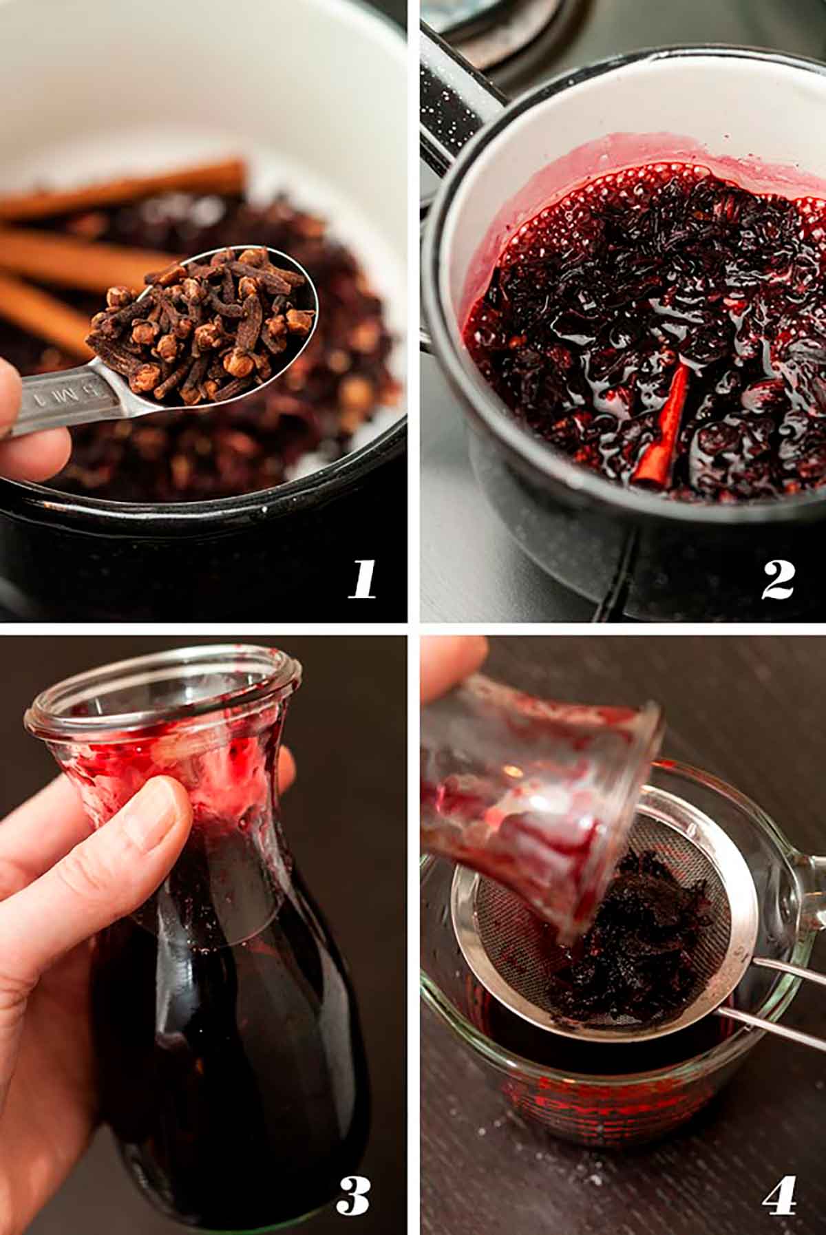 A collage of 4 numbered images showing how to make spiced hibiscus syrup.