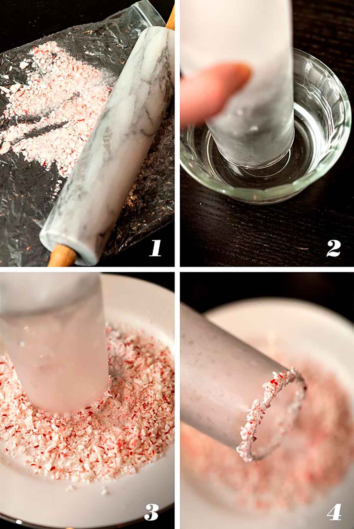 A collage of 4 numbered images showing how to make a candy cane garnish.