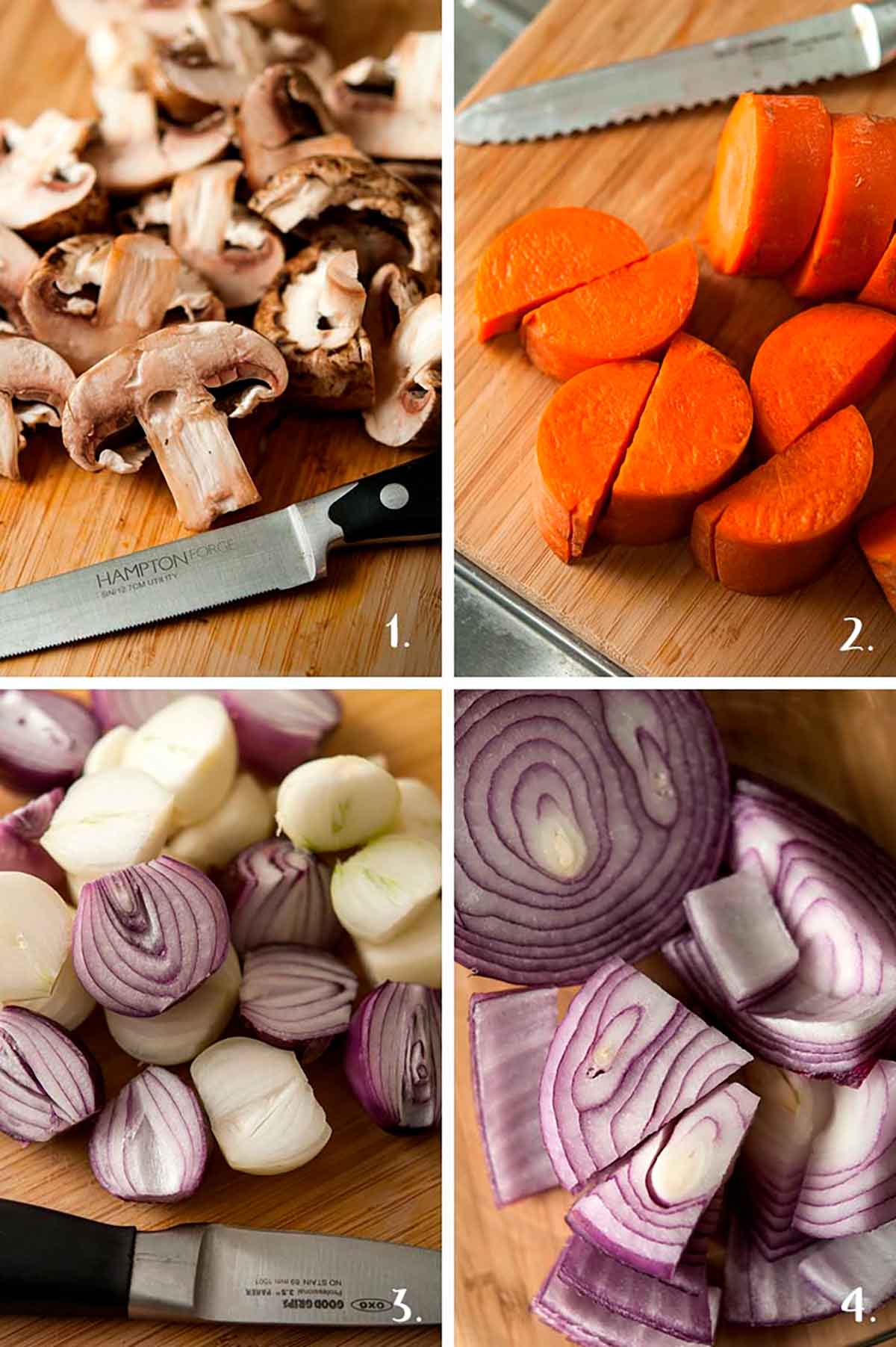 A collage of 4 numbered images showing how to cut mushrooms, carrots and onions.